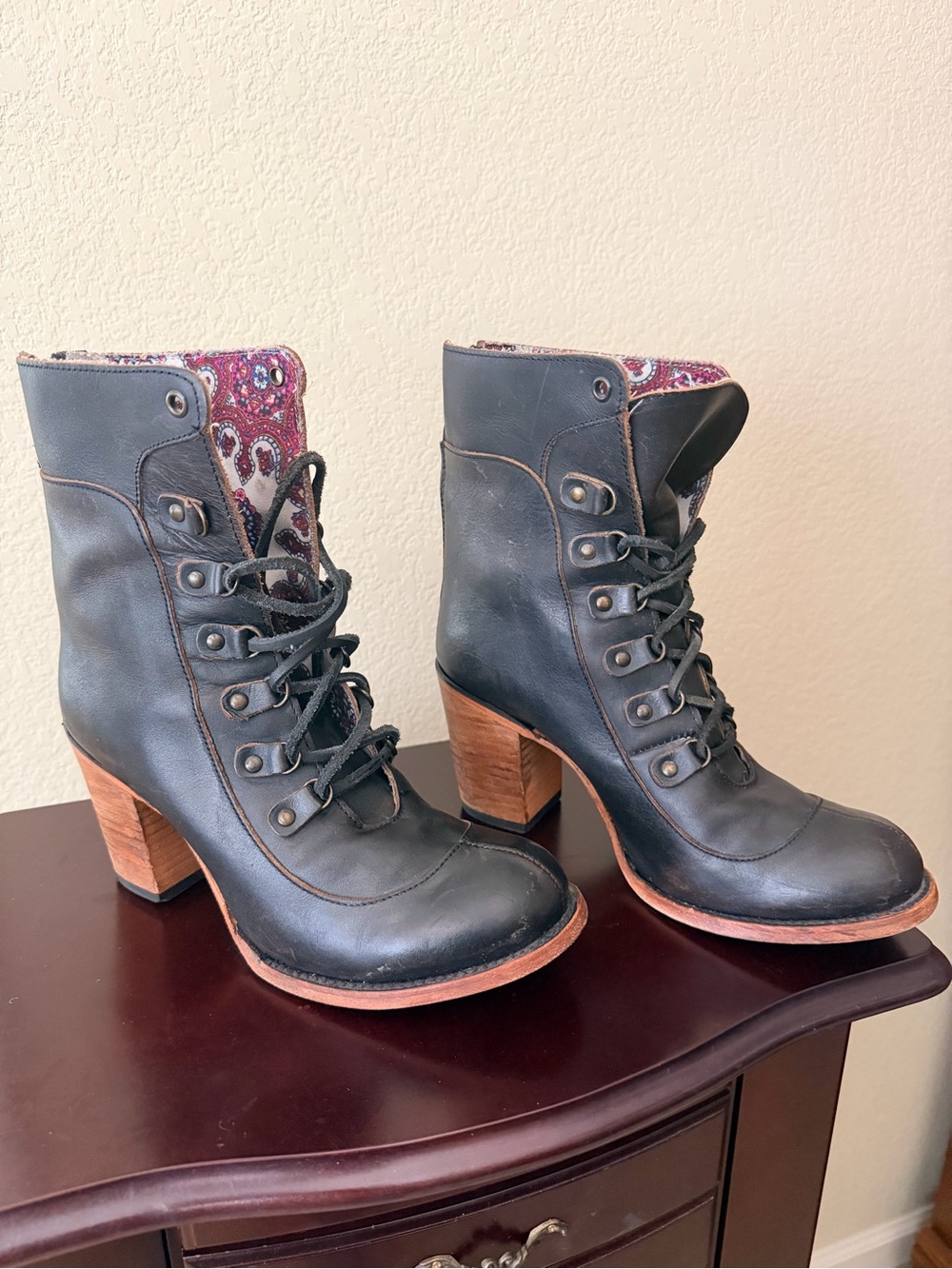 Freebird by Steven Black Lace-Up Ankle Boots with Wood Block Heel